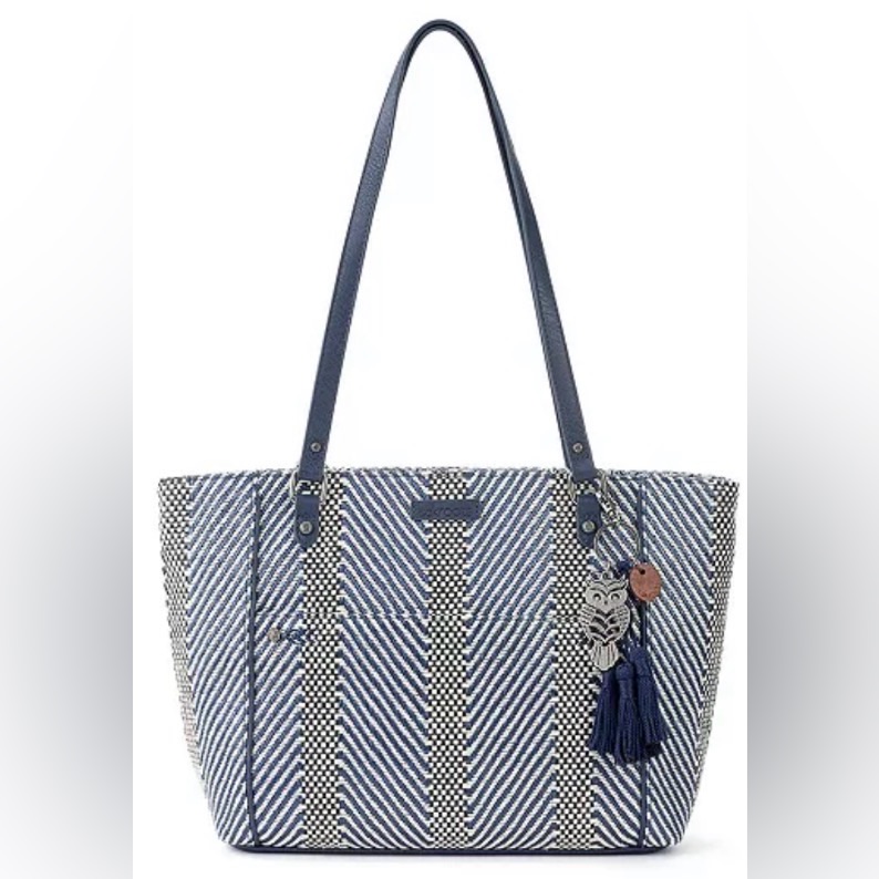 Sakroots Metro Woven Tote Bag Navy Blue White Owl Tassel Tag $89
